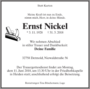 Anzeige  Ernst Nickel  Lippische Landes-Zeitung