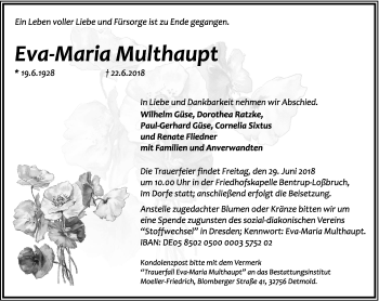 Anzeige  Eva-Maria Multhaupt  Lippische Landes-Zeitung