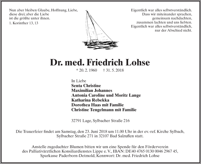  Traueranzeige für Friedrich Lohse vom 06.06.2018 aus Lippische Landes-Zeitung