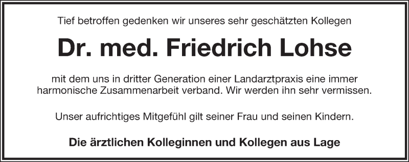  Traueranzeige für Friedrich Lohse vom 09.06.2018 aus Lippische Landes-Zeitung