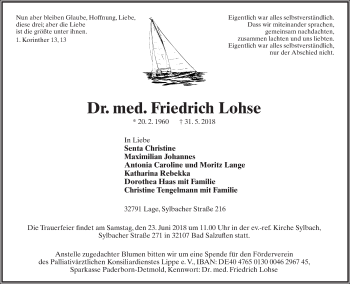 Anzeige  Friedrich Lohse  Lippische Landes-Zeitung