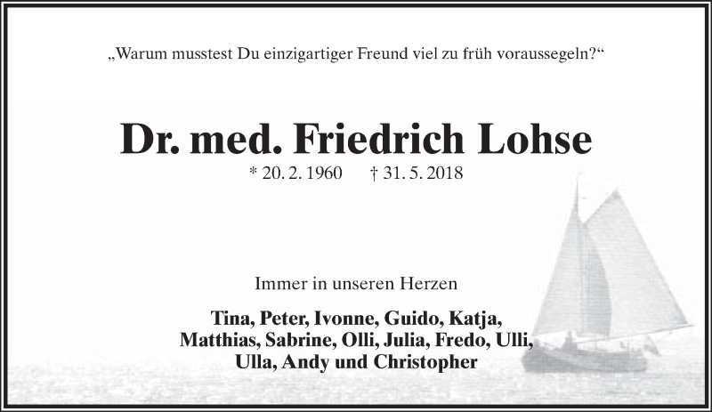  Traueranzeige für Friedrich Lohse vom 06.06.2018 aus Lippische Landes-Zeitung