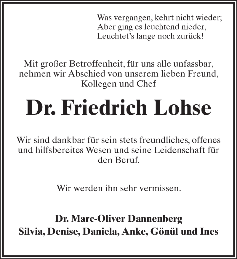  Traueranzeige für Friedrich Lohse vom 09.06.2018 aus Lippische Landes-Zeitung