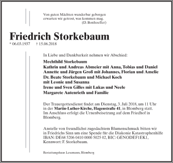 Anzeige  Friedrich Storkebaum  Lippische Landes-Zeitung