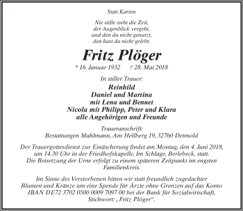 Anzeige  Fritz Plöger  Lippische Landes-Zeitung