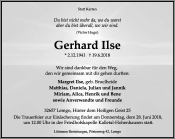 Anzeige  Gerhard Ilse  Lippische Landes-Zeitung