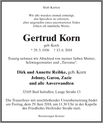 Anzeige  Gertrud Korn  Lippische Landes-Zeitung