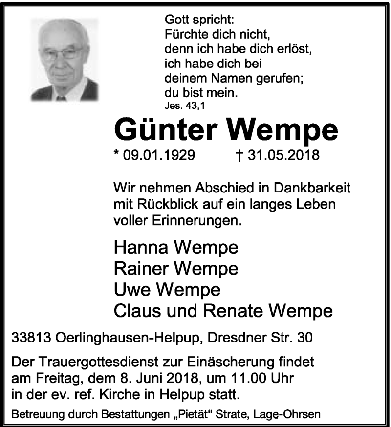  Traueranzeige für Günter Wempe vom 05.06.2018 aus Lippische Landes-Zeitung