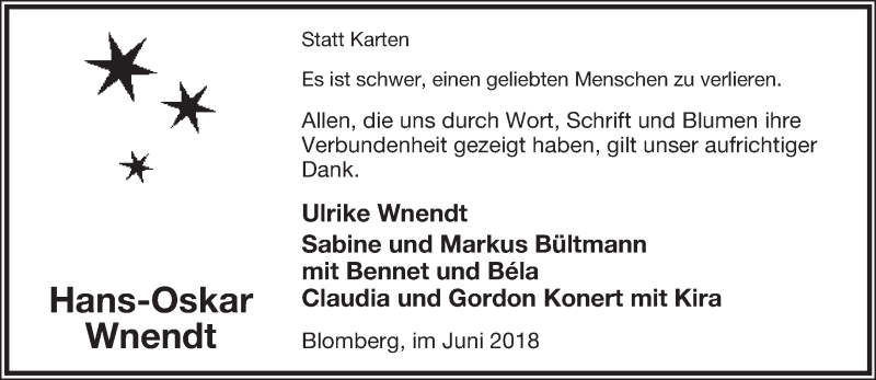  Traueranzeige für Hans-Oskar Wnendt vom 16.06.2018 aus Lippische Landes-Zeitung