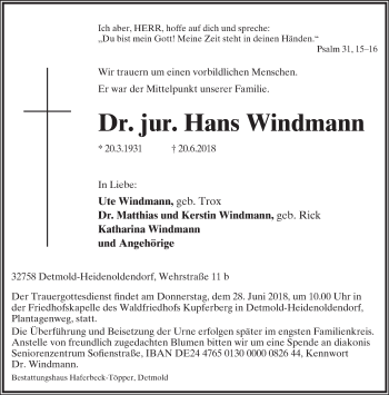 Anzeige  Hans Windmann  Lippische Landes-Zeitung