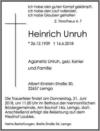 Anzeige  Heinrich Unruh  Lippische Landes-Zeitung