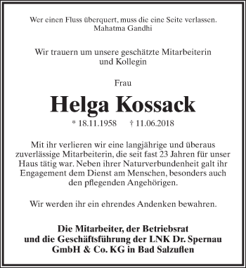 Anzeige  Helga Kossack  Lippische Landes-Zeitung