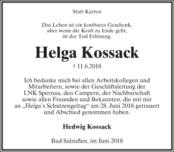 Anzeige  Helga Kossack  Lippische Landes-Zeitung