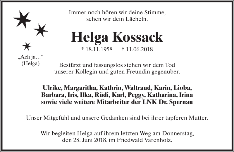  Traueranzeige für Helga Kossack vom 16.06.2018 aus Lippische Landes-Zeitung