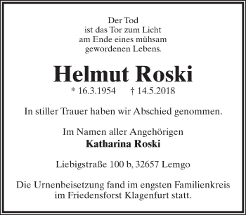 Anzeige  Helmut Roski  Lippische Landes-Zeitung