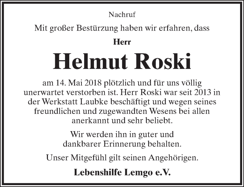  Traueranzeige für Helmut Roski vom 09.06.2018 aus Lippische Landes-Zeitung