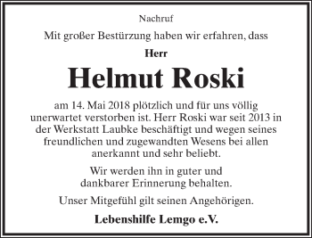 Anzeige  Helmut Roski  Lippische Landes-Zeitung