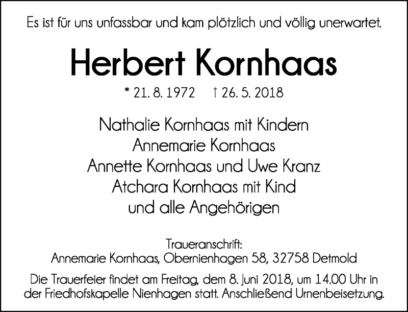  Traueranzeige für Herbert Kornhaas vom 02.06.2018 aus Lippische Landes-Zeitung
