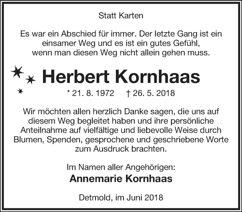  Traueranzeige für Herbert Kornhaas vom 23.06.2018 aus Lippische Landes-Zeitung