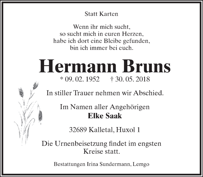  Traueranzeige für Hermann Bruns vom 02.06.2018 aus Lippische Landes-Zeitung