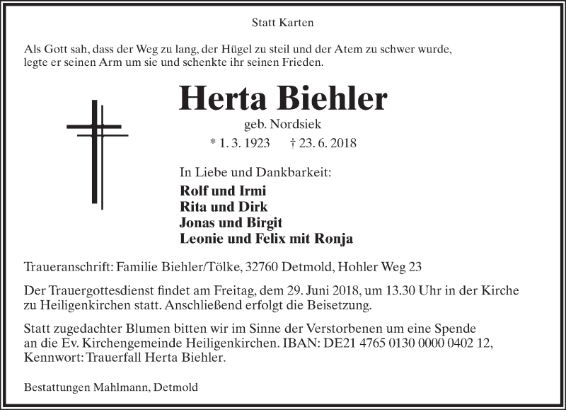  Traueranzeige für Herta Biehler vom 27.06.2018 aus Lippische Landes-Zeitung