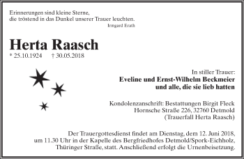 Anzeige  Herta Raasch  Lippische Landes-Zeitung