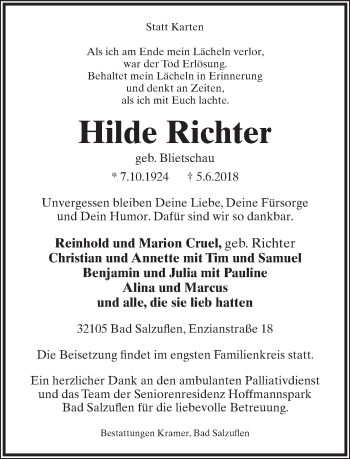 Anzeige  Hilde Richter  Lippische Landes-Zeitung