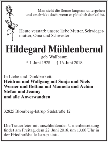 Anzeige  Hildegard Mühlenbernd  Lippische Landes-Zeitung