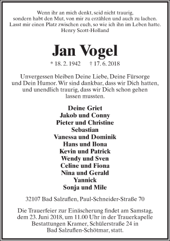 Anzeige  Jan Vogel  Lippische Landes-Zeitung