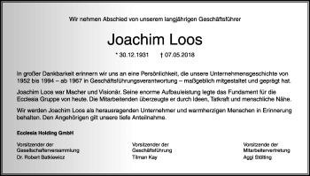 Anzeige  Joachim Loos  Lippische Landes-Zeitung