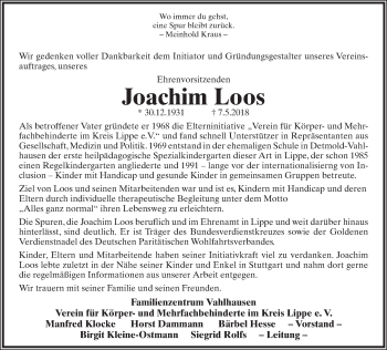 Anzeige  Joachim Loos  Lippische Landes-Zeitung