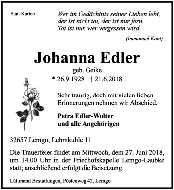 Anzeige  Johanna Edler  Lippische Landes-Zeitung
