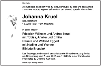 Anzeige  Johanna Kruel  Lippische Landes-Zeitung