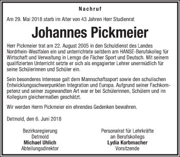 Anzeige  Johannes Pickmeier  Lippische Landes-Zeitung