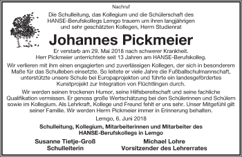 Anzeige  Johannes Pickmeier  Lippische Landes-Zeitung