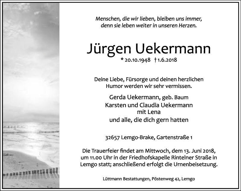  Traueranzeige für Jürgen Uekermann vom 09.06.2018 aus Lippische Landes-Zeitung