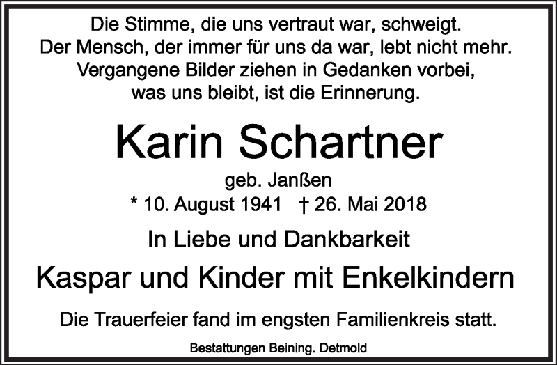  Traueranzeige für Karin Schartner vom 16.06.2018 aus Lippische Landes-Zeitung