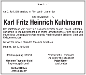 Anzeige  Karl Fritz Heinrich Kuhlmann  Lippische Landes-Zeitung