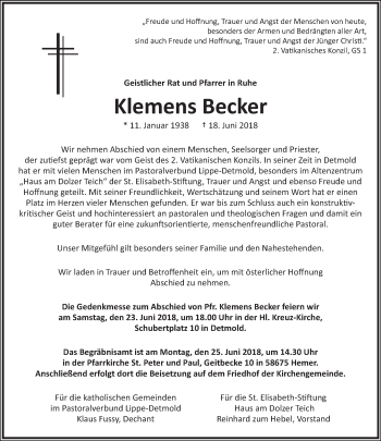 Anzeige  Klemens Becker  Lippische Landes-Zeitung
