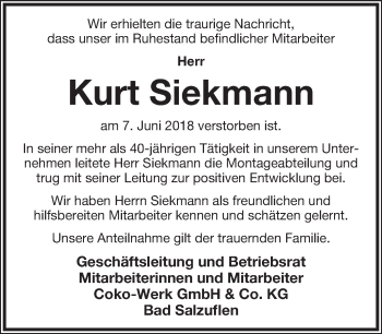 Anzeige  Kurt Siekmann  Lippische Landes-Zeitung