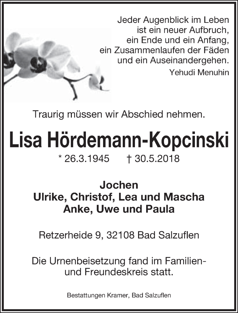  Traueranzeige für Lisa Hördemann-Kopcinski vom 16.06.2018 aus Lippische Landes-Zeitung