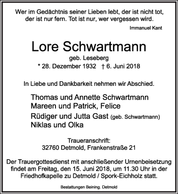Anzeige  Lore Schwartmann  Lippische Landes-Zeitung