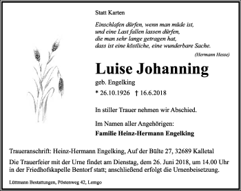 Anzeige  Luise Johanning  Lippische Landes-Zeitung