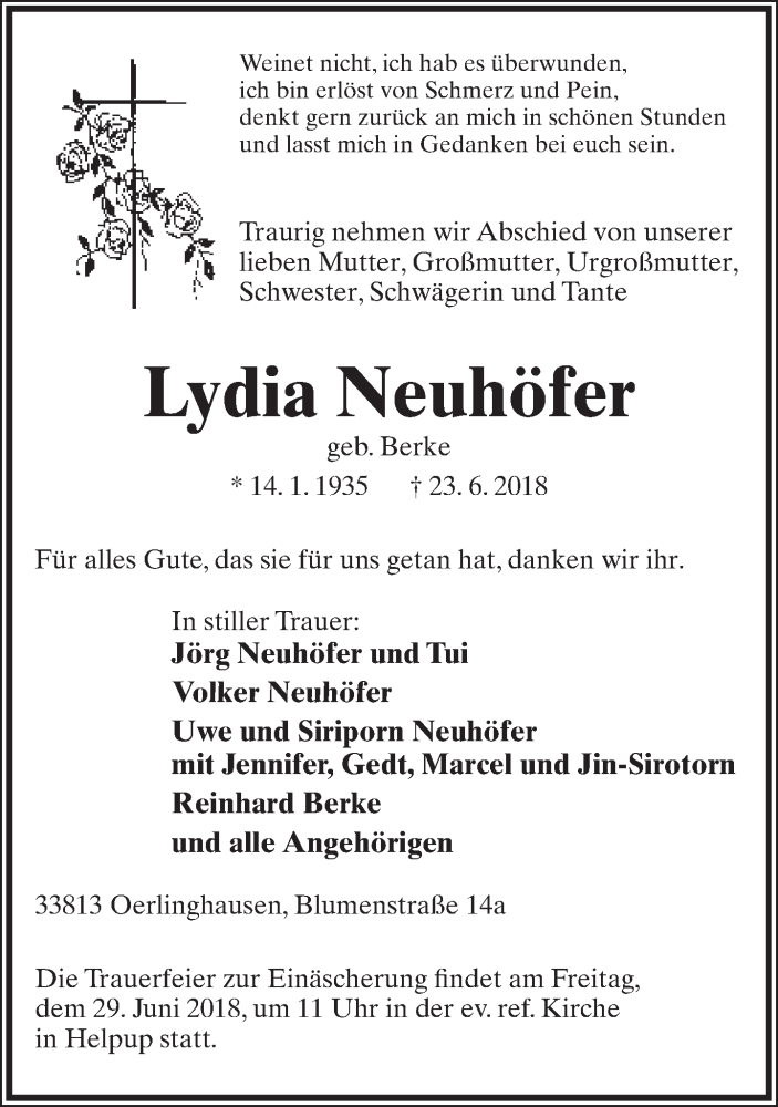  Traueranzeige für Lydia Neuhöfer vom 26.06.2018 aus Lippische Landes-Zeitung