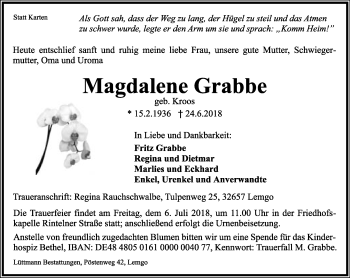 Anzeige  Magdalene Grabbe  Lippische Landes-Zeitung