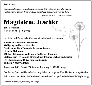 Anzeige  Magdalene Jeschke  Lippische Landes-Zeitung