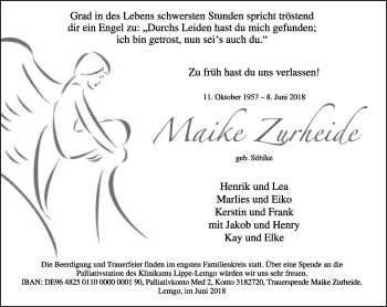 Anzeige  Maike Zurheide  Lippische Landes-Zeitung