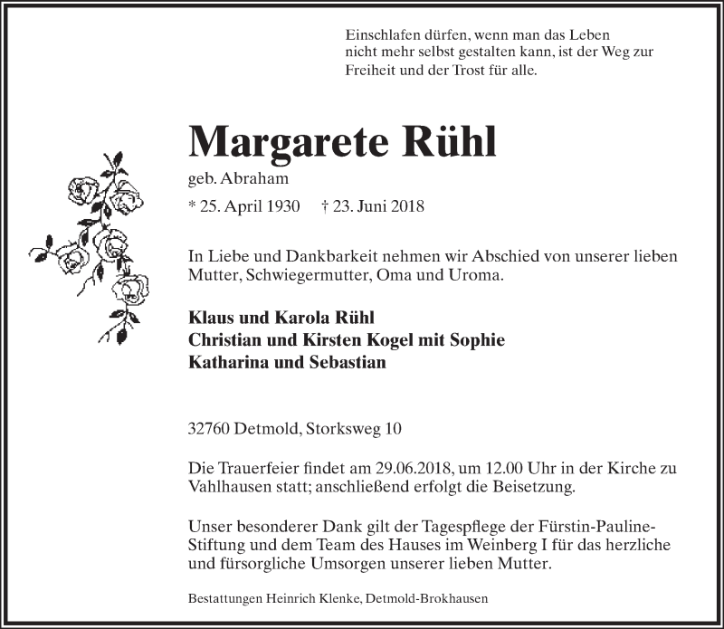  Traueranzeige für Margarete Rühl vom 27.06.2018 aus Lippische Landes-Zeitung