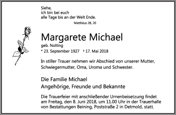 Anzeige  Margarete Michael  Lippische Landes-Zeitung