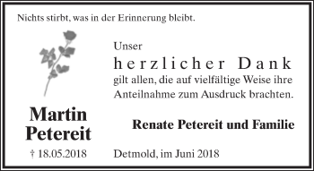 Anzeige  Martin Petereit  Lippische Landes-Zeitung